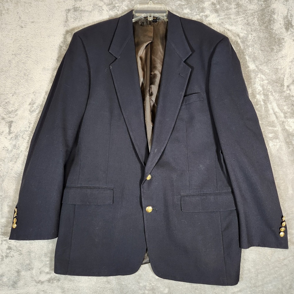 Austin Reed Sport Coat Men 46L Blue Wool Two-Button Solid Blazer Long